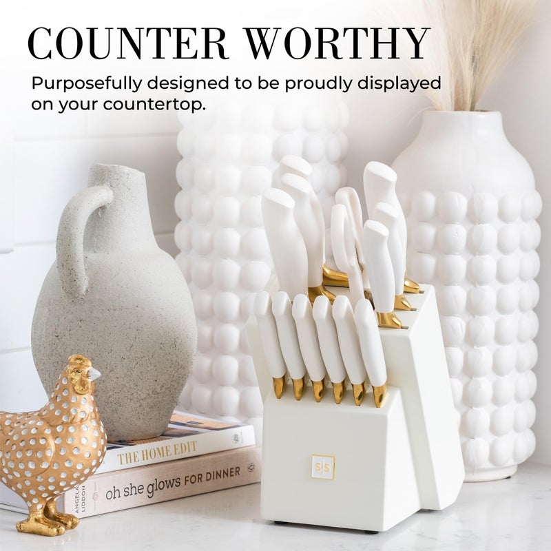 styled settings White and Gold Knife Set with Block - 14-Piece White Knife Set with Block and Built-In Sharpener â€“ Titanium-Coated High Carbon Stainless Steel Blades - Gold Kitchen Accessories - Great for Gifting - Image 2