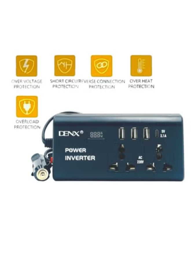Denx Car Power Inverter 12V DC to 220V AC Converter – Compact & Portable Power Adapter with 3 USB Ports (5V/2.1A), Universal AC Socket, LED Indicator, and Multi-Layer Safety Protection – Perfect for Road Trips, Mobile Charging, and Powering Small Appliances  - Image 3