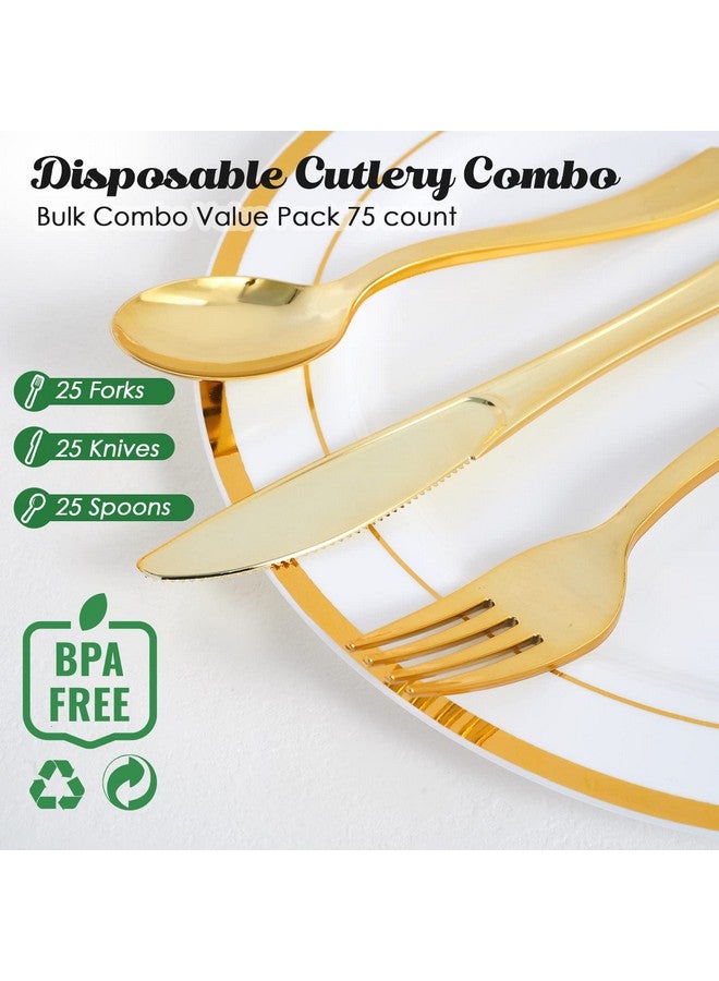 FOCUSLINE 75 Pack Gold Plastic Silverware Disposable Cutlery Set - 25 Forks Knives Spoons - Disposable Flatware Heavy Duty Plastic Utensils Set for Catering, Parties, Dinners, Weddings - Image 2