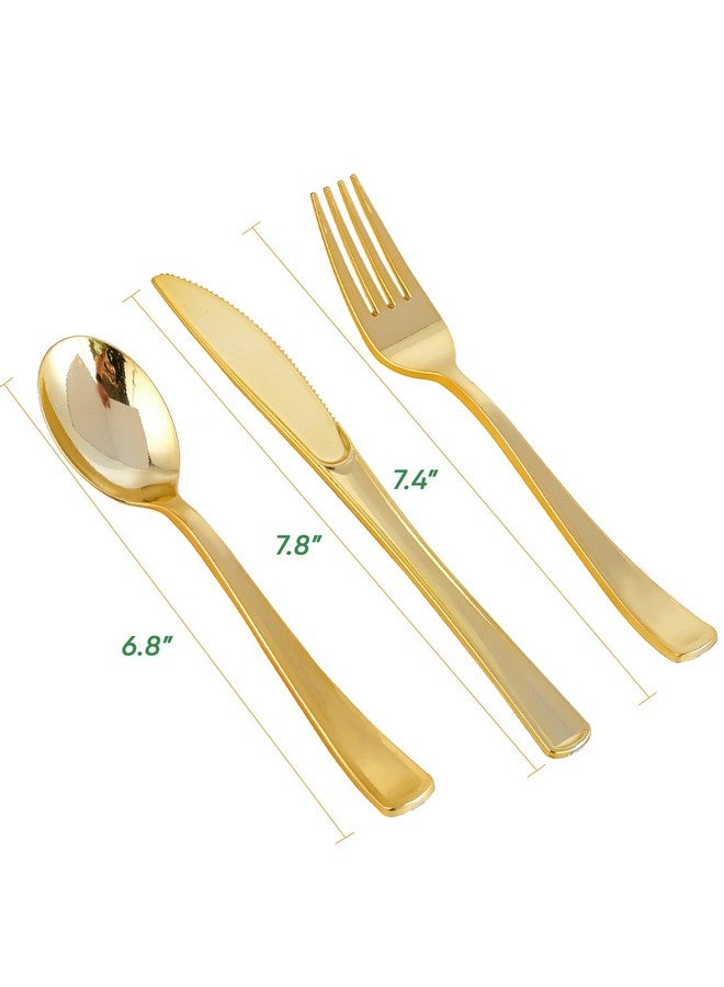 FOCUSLINE 75 Pack Gold Plastic Silverware Disposable Cutlery Set - 25 Forks Knives Spoons - Disposable Flatware Heavy Duty Plastic Utensils Set for Catering, Parties, Dinners, Weddings - Image 3