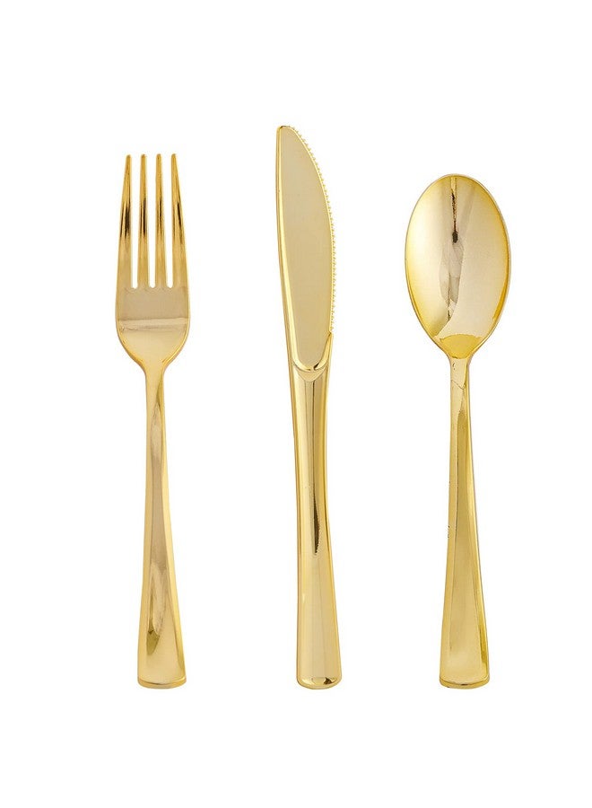 FOCUSLINE 75 Pack Gold Plastic Silverware Disposable Cutlery Set - 25 Forks Knives Spoons - Disposable Flatware Heavy Duty Plastic Utensils Set for Catering, Parties, Dinners, Weddings - Image 1