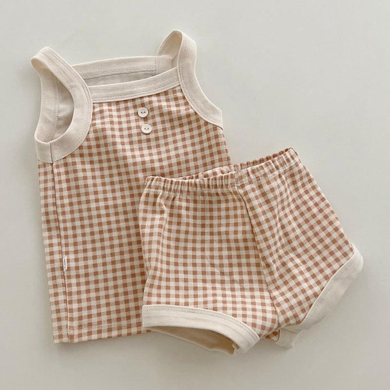 Summer Cotton Baby Vest and Shorts Set CHECK ORANGE 