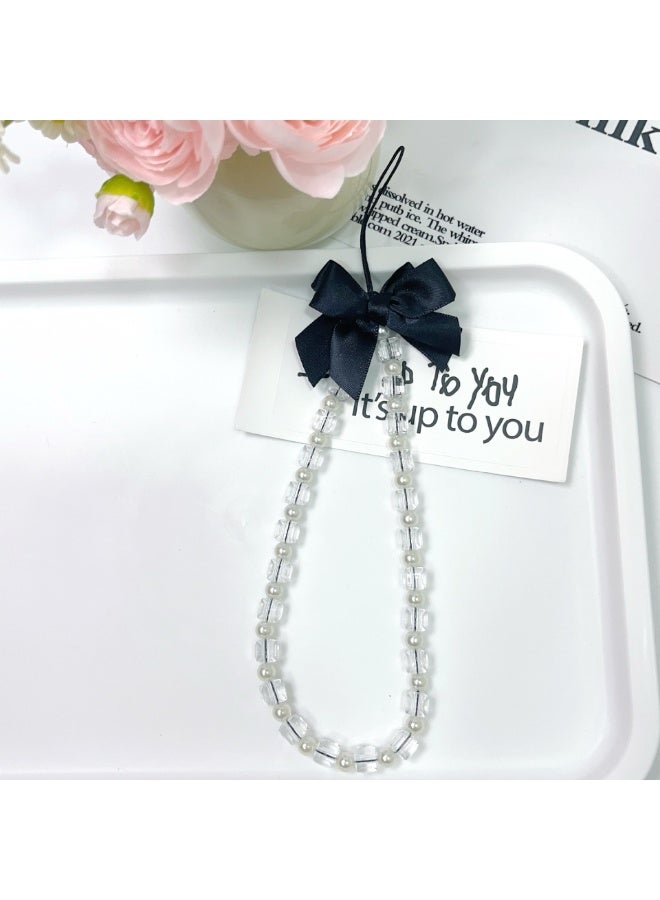 NIBEMINENT Phone Charm/ Chain Strap for Women Girls, Black Ribbon Bow Cell Phone Case Lanyard Wrist Strap