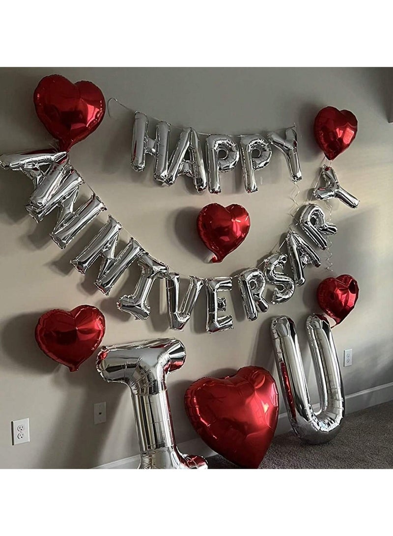 Anniversary Celebration Balloons – A Set Featuring the Phrase "Happy Anniversary" and Two Red Heart-Shaped Balloons, Made of Aluminum to Add a Special Touch to Your Occasion. - Image 3