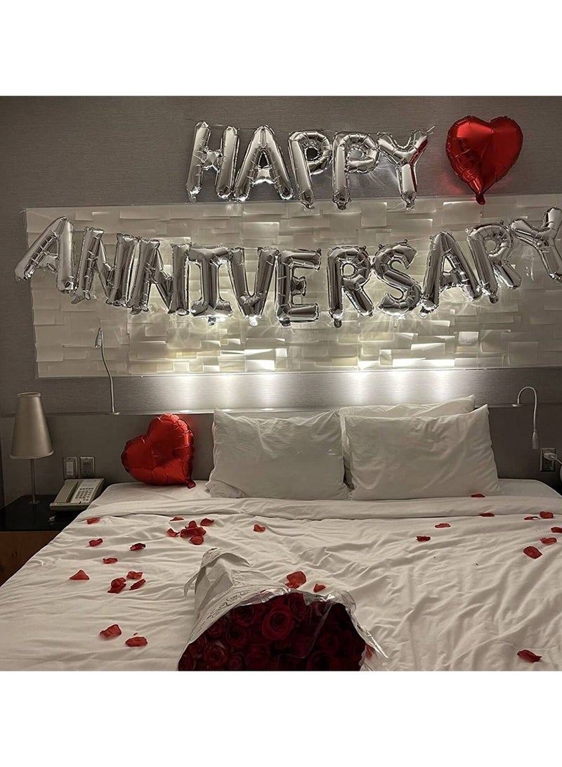 Anniversary Celebration Balloons – A Set Featuring the Phrase "Happy Anniversary" and Two Red Heart-Shaped Balloons, Made of Aluminum to Add a Special Touch to Your Occasion. - Image 1