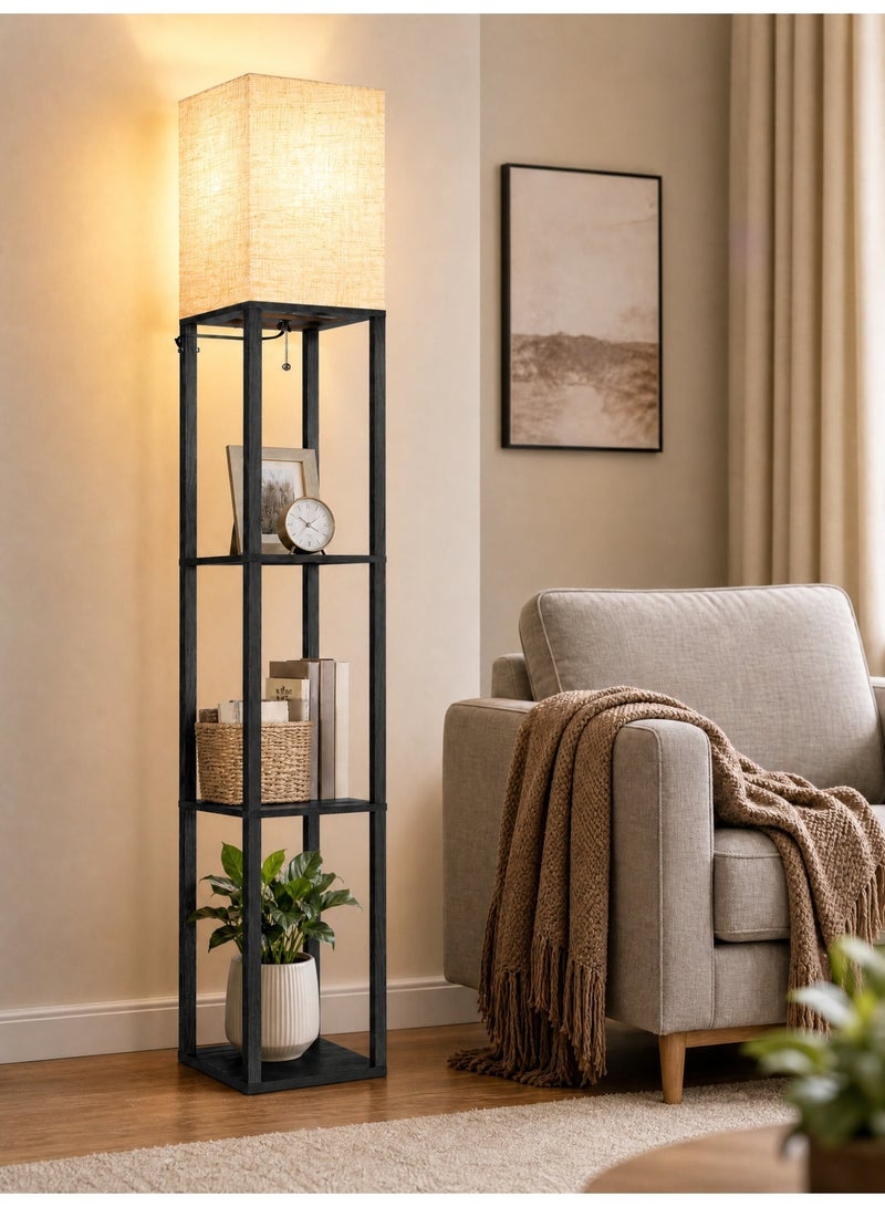 OUTON Floor Lamp with Shelves and Remote With Warm Light Shelf Lamps with 3 Color Temperature LED Bulb Storage Wood Texture Modern Display Standing Lamp for Living Room Office Bedroom Metal Black 200cm - Image 2