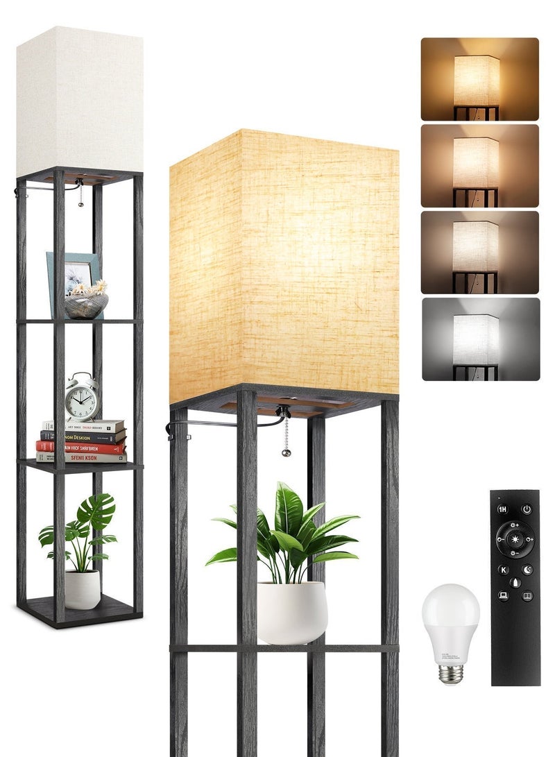 OUTON Floor Lamp with Shelves and Remote With Warm Light Shelf Lamps with 3 Color Temperature LED Bulb Storage Wood Texture Modern Display Standing Lamp for Living Room Office Bedroom Metal Black 200cm - Image 1
