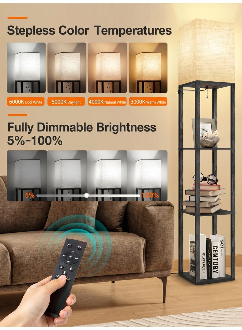 OUTON Floor Lamp with Shelves and Remote With Warm Light Shelf Lamps with 3 Color Temperature LED Bulb Storage Wood Texture Modern Display Standing Lamp for Living Room Office Bedroom Metal Black 200cm - Image 3