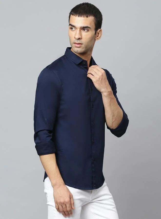 Dennis Lingo Navy Slim Fit Casual Spread Shirt - 100% Cotton