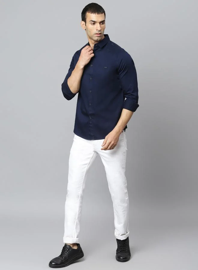 Dennis Lingo Navy Slim Fit Casual Spread Shirt - 100% Cotton