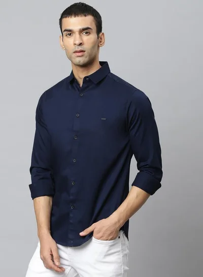 Dennis Lingo Navy Slim Fit Casual Spread Shirt - 100% Cotton