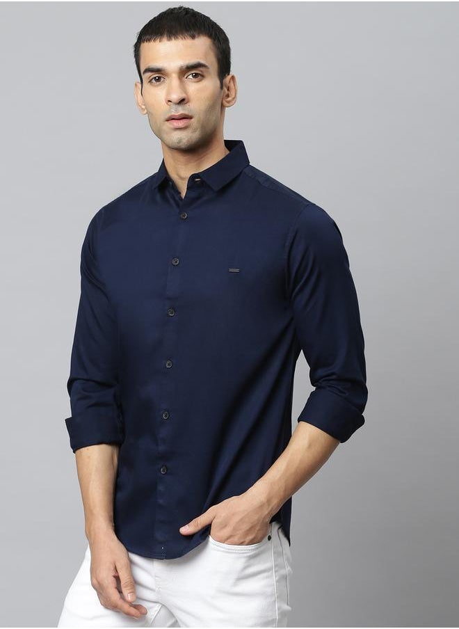 Dennis Lingo Navy Slim Fit Casual Spread Shirt - 100% Cotton  - Image 1