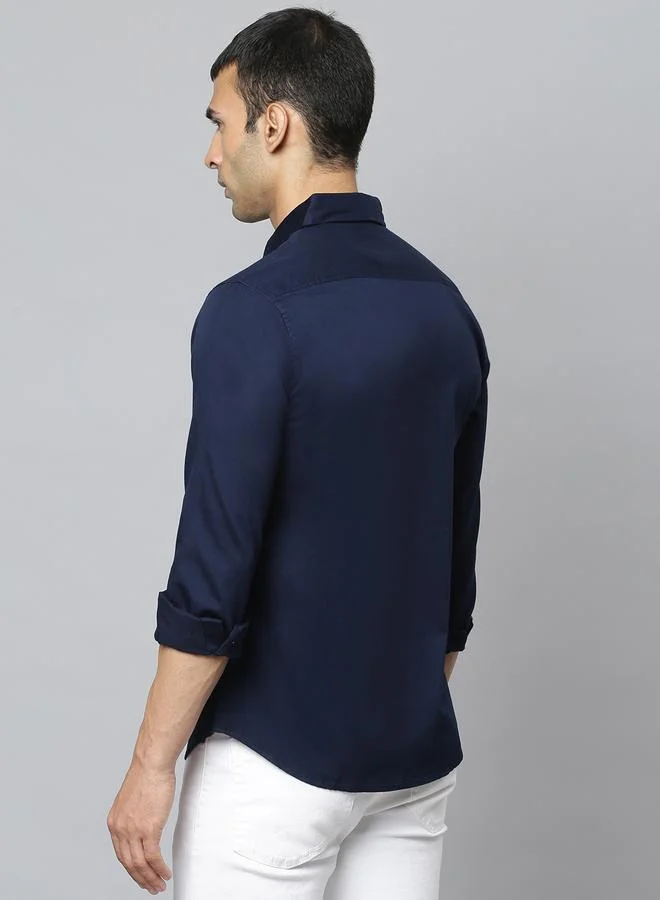 Dennis Lingo Navy Slim Fit Casual Spread Shirt - 100% Cotton
