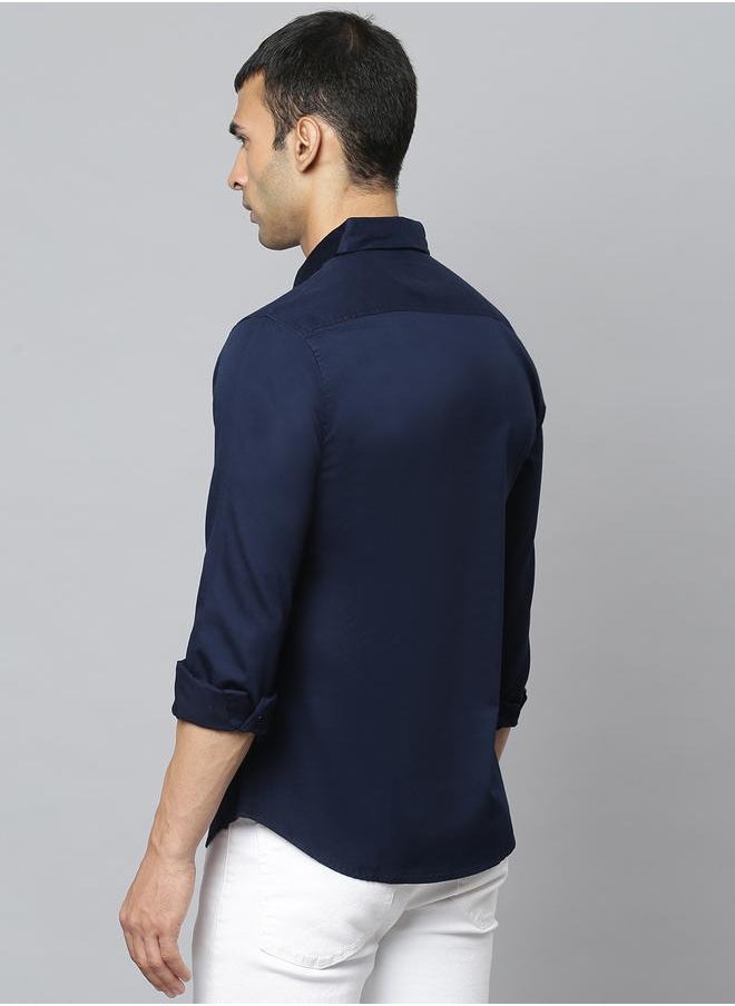 Dennis Lingo Navy Slim Fit Casual Spread Shirt - 100% Cotton  - Image 5