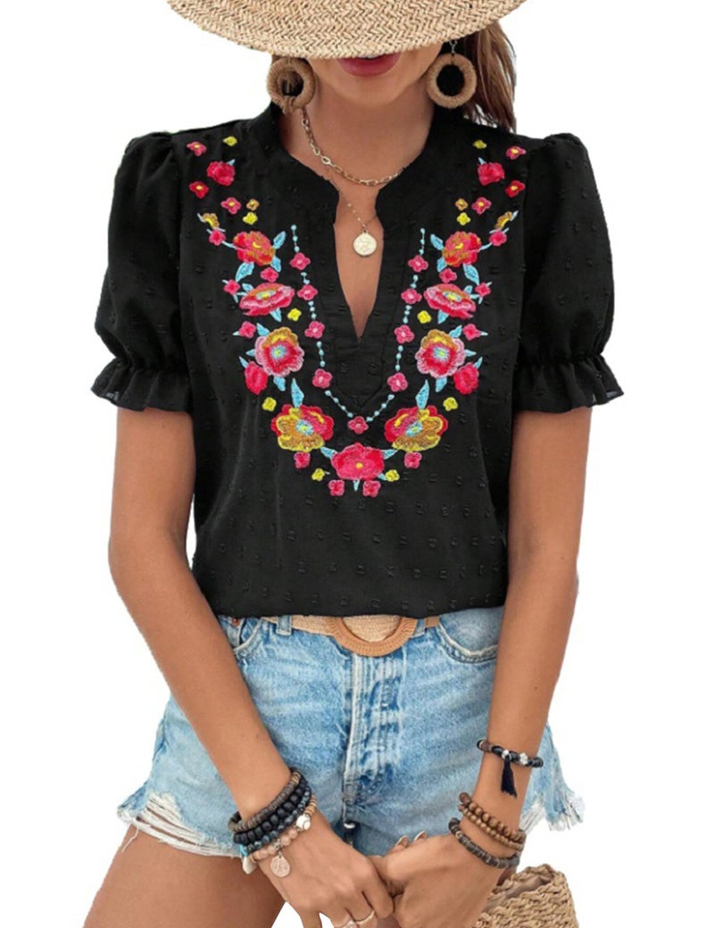 ZILIN Women's Casual Floral Embroidered V Neck Boho Short Puff Sleeve Mexican Shirts Loose Summer Blouses Tops 2026 Black L - Image 1