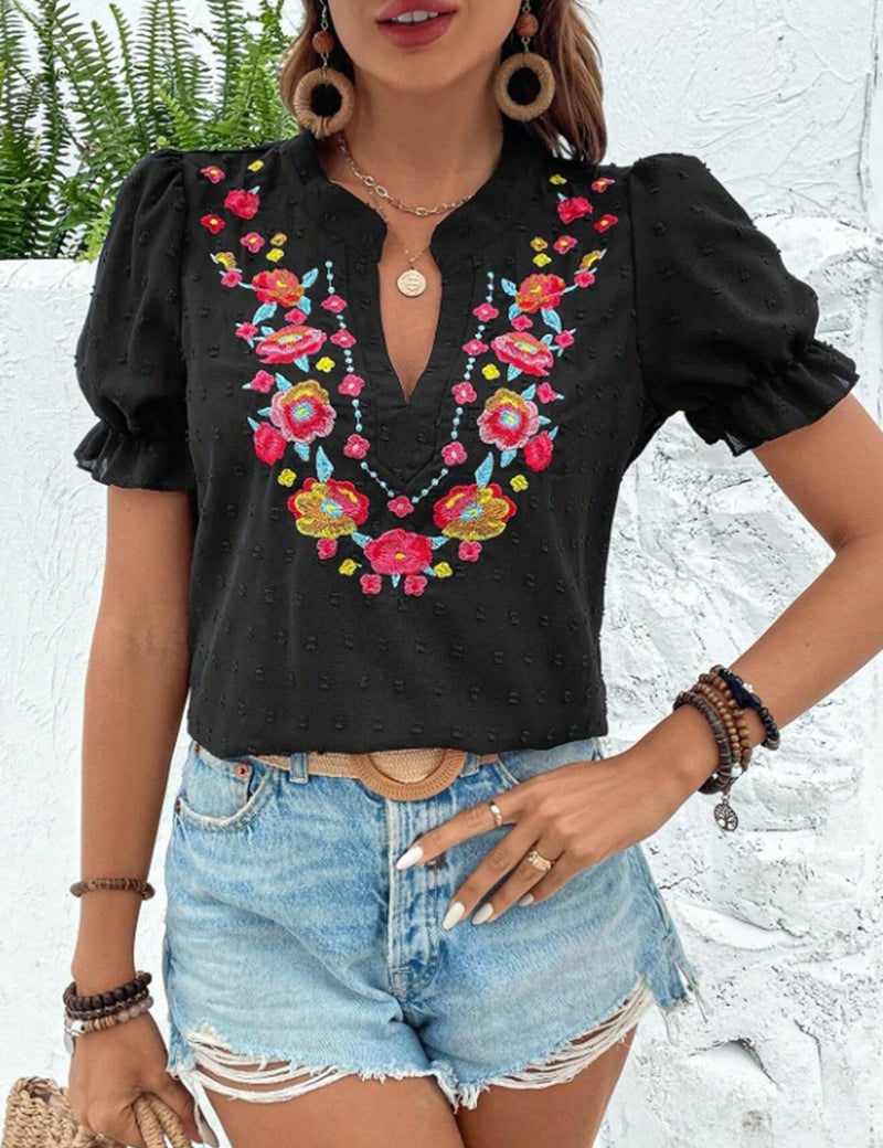 ZILIN Women's Casual Floral Embroidered V Neck Boho Short Puff Sleeve Mexican Shirts Loose Summer Blouses Tops 2026 Black L - Image 2