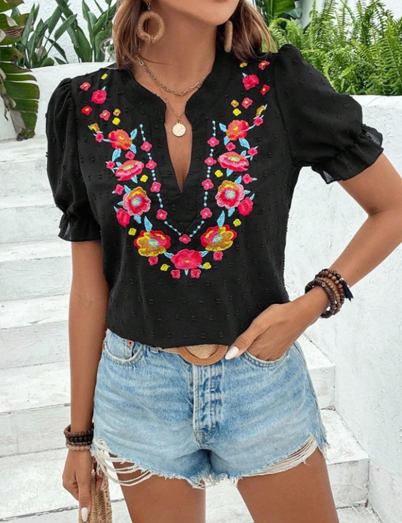 ZILIN Women's Casual Floral Embroidered V Neck Boho Short Puff Sleeve Mexican Shirts Loose Summer Blouses Tops 2026 Black L - Image 4