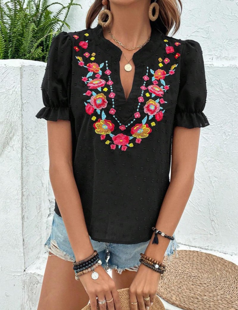 ZILIN Women's Casual Floral Embroidered V Neck Boho Short Puff Sleeve Mexican Shirts Loose Summer Blouses Tops 2026 Black L - Image 5