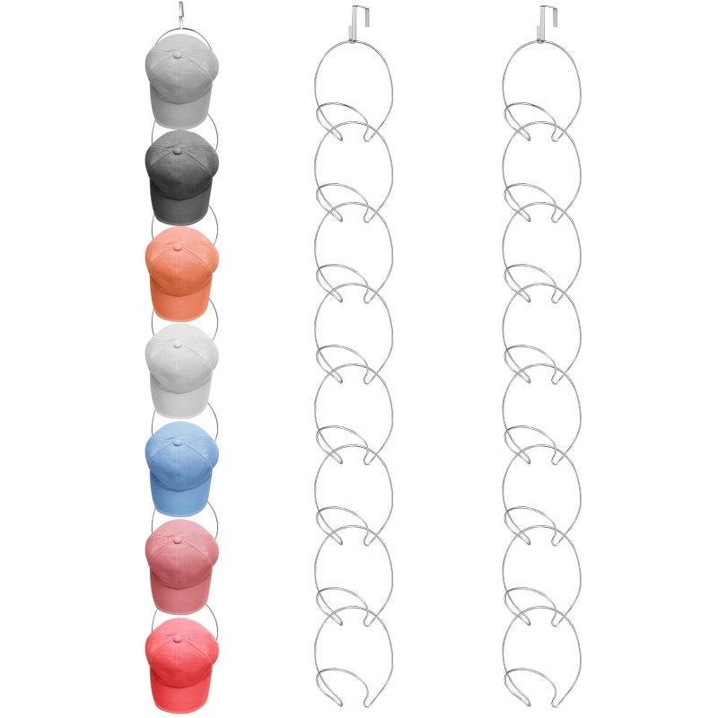 Yerliker 16 Pieces Hat Rack Wig Holder Over The Door Baseball Hat Holder Wall Mounted Hanging Wig Organizer for Closet Display Storage Rack with 2 Hooks for Tie Scarf Silver - Image 2