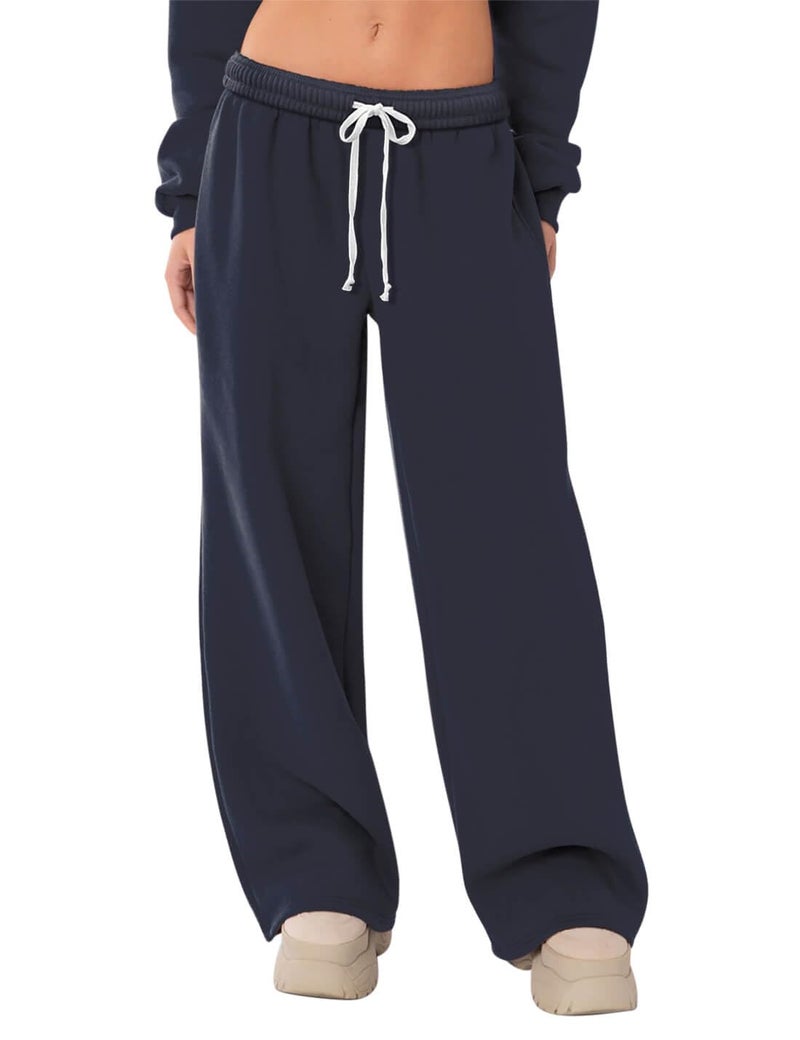 HeSaYep Women's Fleece Lined Sweatpants Wide Leg Baggy High Waisted Sweat Pants Drawstring Lounge Trousers Y2K Straight Leg Sherpa Pants Navy Blue L - Image 1