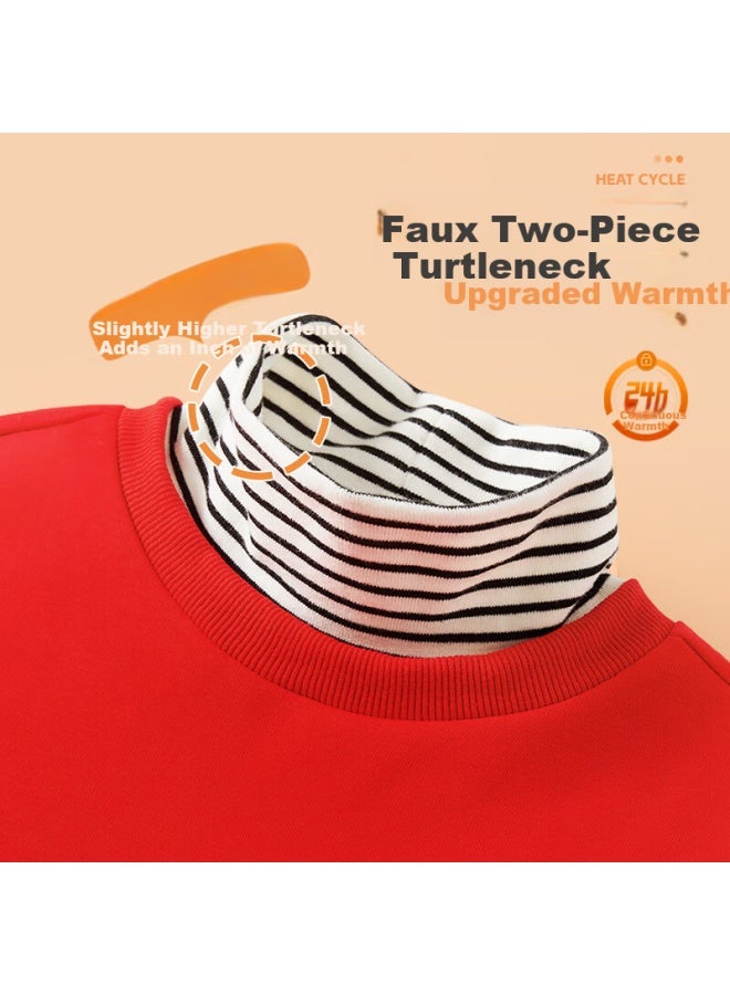 Tonlion Kids Fleece-lined Hoodie Mock Turtleneck Year Of The Horse Festive Chinese Style Top Boys Girls Spring Festival New Year Outfit Red 120 - Image 2