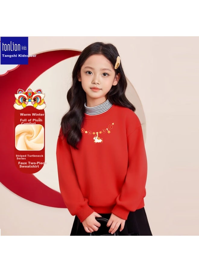 Tonlion Kids Fleece-lined Hoodie Mock Turtleneck Year Of The Horse Festive Chinese Style Top Boys Girls Spring Festival New Year Outfit Red 120 - Image 1