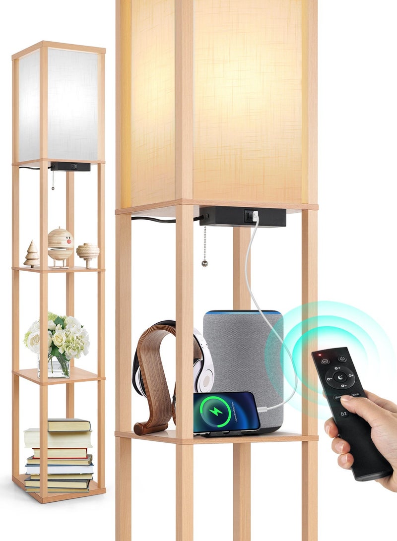 OUTON Floor Lamp with Built-in Shelf, Led Floor Lamp with Shelf, Modern Led Column Floor Lamp, Equipped with 1 USB Port, 1 Type-C Port, 1 Ac Power Socket, 1 Remote Control And 1 Bulb, 3 Color Temperatures, White Linen Lampshade, Wooden Column-Shaped Tall Lamp Stand with Storage And Display Functions, Suitable for Living Room, Bedroom, Office (Wooden) - Image 1