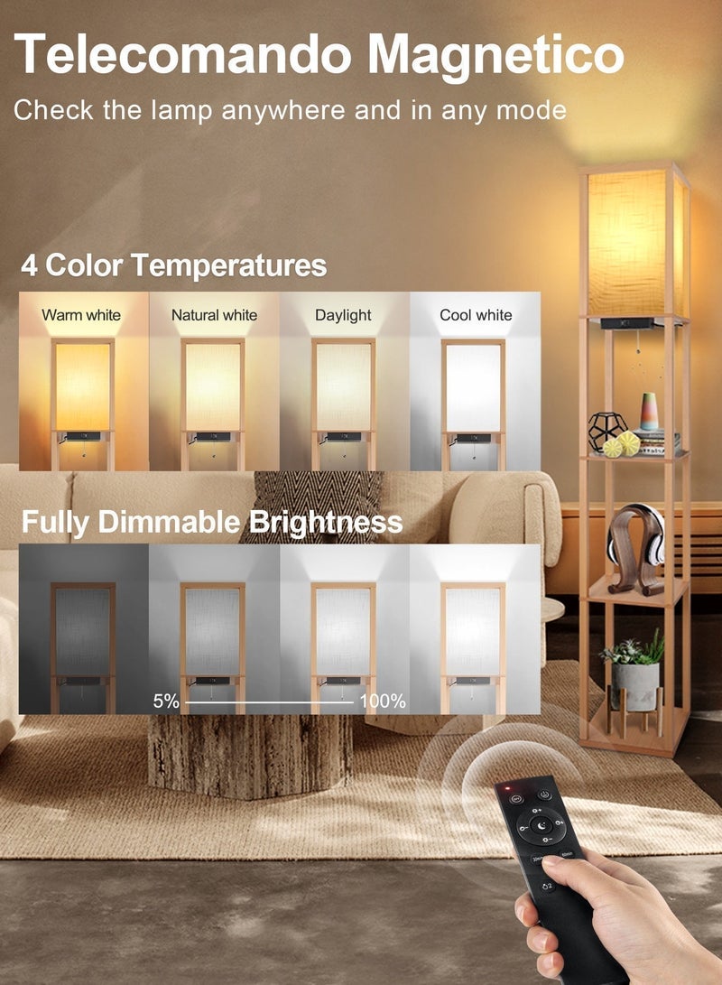 OUTON Floor Lamp with Built-in Shelf, Led Floor Lamp with Shelf, Modern Led Column Floor Lamp, Equipped with 1 USB Port, 1 Type-C Port, 1 Ac Power Socket, 1 Remote Control And 1 Bulb, 3 Color Temperatures, White Linen Lampshade, Wooden Column-Shaped Tall Lamp Stand with Storage And Display Functions, Suitable for Living Room, Bedroom, Office (Wooden) - Image 2