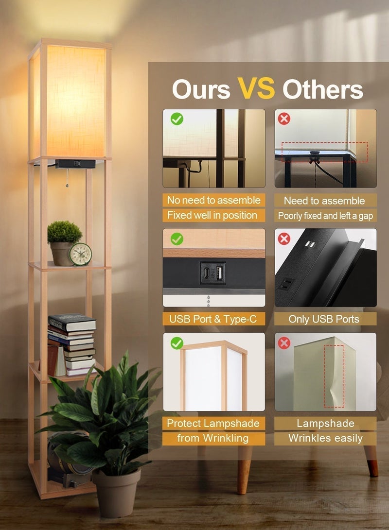 OUTON Floor Lamp with Built-in Shelf, Led Floor Lamp with Shelf, Modern Led Column Floor Lamp, Equipped with 1 USB Port, 1 Type-C Port, 1 Ac Power Socket, 1 Remote Control And 1 Bulb, 3 Color Temperatures, White Linen Lampshade, Wooden Column-Shaped Tall Lamp Stand with Storage And Display Functions, Suitable for Living Room, Bedroom, Office (Wooden) - Image 3