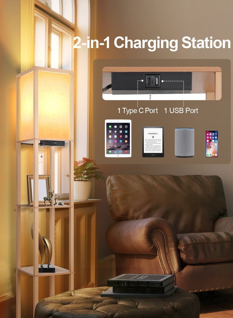 OUTON Floor Lamp with Built-in Shelf, Led Floor Lamp with Shelf, Modern Led Column Floor Lamp, Equipped with 1 USB Port, 1 Type-C Port, 1 Ac Power Socket, 1 Remote Control And 1 Bulb, 3 Color Temperatures, White Linen Lampshade, Wooden Column-Shaped Tall Lamp Stand with Storage And Display Functions, Suitable for Living Room, Bedroom, Office (Wooden) - Image 4