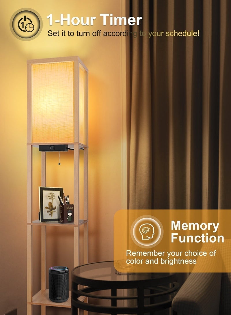 OUTON Floor Lamp with Built-in Shelf, Led Floor Lamp with Shelf, Modern Led Column Floor Lamp, Equipped with 1 USB Port, 1 Type-C Port, 1 Ac Power Socket, 1 Remote Control And 1 Bulb, 3 Color Temperatures, White Linen Lampshade, Wooden Column-Shaped Tall Lamp Stand with Storage And Display Functions, Suitable for Living Room, Bedroom, Office (Wooden) - Image 5