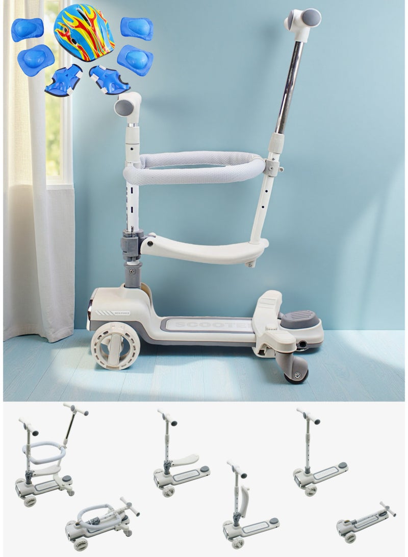 إيزي فيتشور سكوتر EASY FUTURE القابل للطي 4 في 1 للأطفال الصغار مع ارتفاع قابل للتعديل ومقعد قابل للإزالة وقضيب دفع للوالدين وسياج للأطفال 360 درجة، سكوتر ركل ثلاثي العجلات للأطفال الأولاد والبنات من سن 1 إلى 12 عامًا بما في ذلك مجموعة معدات الحماية الكاملة - Image 1