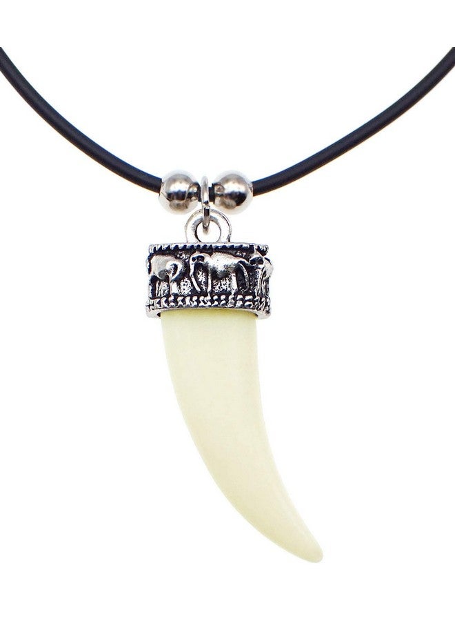 Bijoux De Ja قلادة بقلادة من الفضة الروديوم على شكل ناب ذئب مع تاج فيل، حبل نايلون أسود بطول 16" مع سلسلة تمديد بطول 2" - Image 1