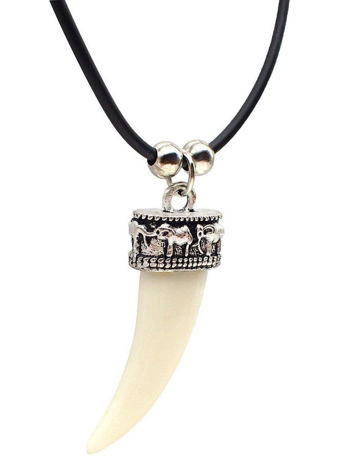 Bijoux De Ja قلادة بقلادة من الفضة الروديوم على شكل ناب ذئب مع تاج فيل، حبل نايلون أسود بطول 16" مع سلسلة تمديد بطول 2" - Image 2