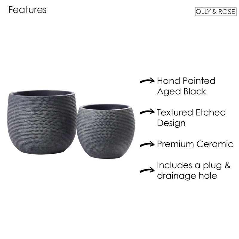 Olly & Rose Barcelona Ceramic Plant Pot Set 2 - Black Flower Pots 7" and 5.5" - Indoor & Outdoor Planters (Black) - Image 5