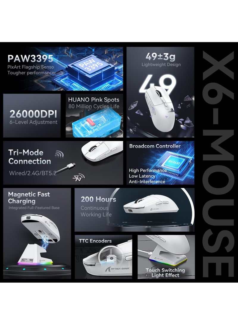 Attack Shark - X6 Superlight Wireless Gaming Mouse with Magnetic RGB Charging Base, BT/2.4G Wireless/Wired Mouse, PixArt PAW3395 Sensor, 26000DPI, 200Hrs Battery for Win/Mac - Image 1