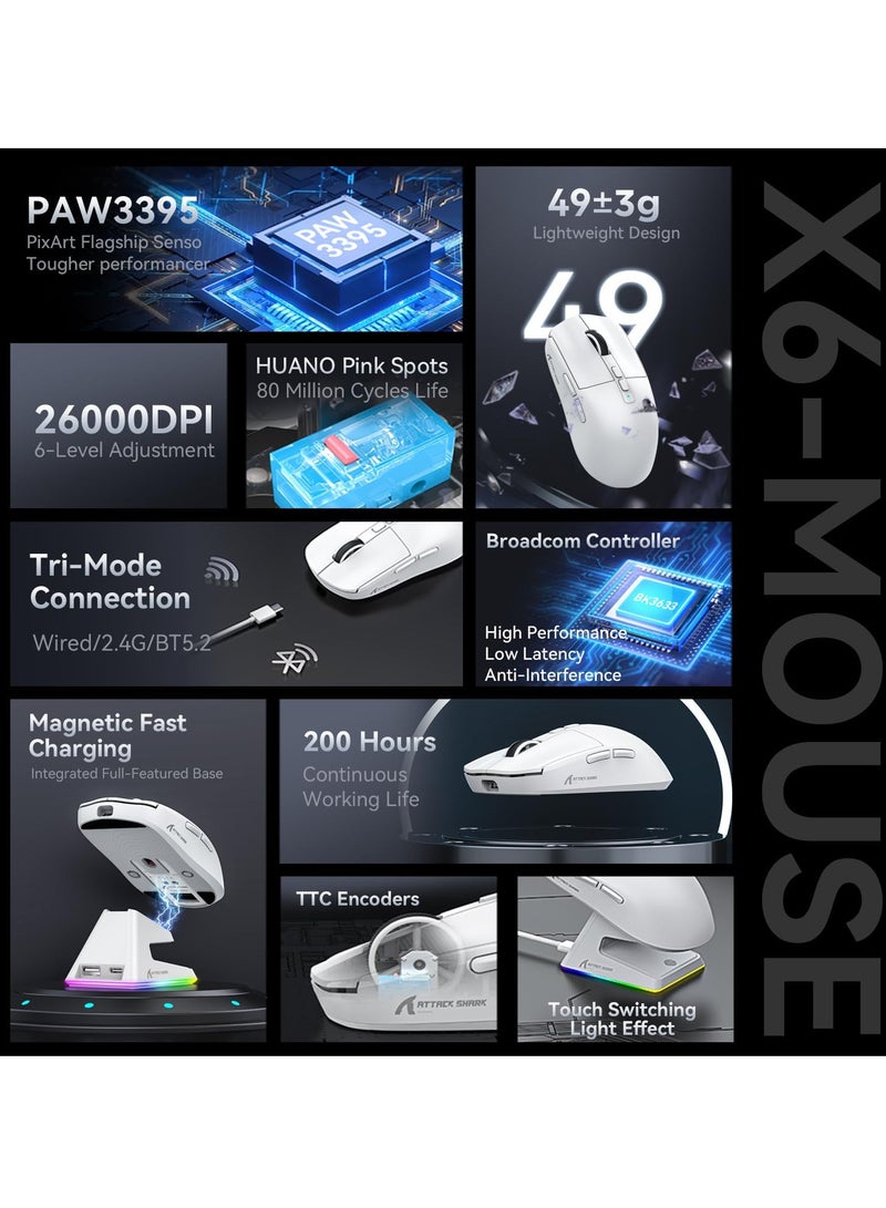 Attack Shark X6 Superlight Wireless Gaming Mouse with Magnetic RGB Charging Base, BT/2.4G Wireless/Wired Mouse, PixArt PAW3395 Sensor, 26000DPI, 200Hrs Battery for Win/Mac - Image 3