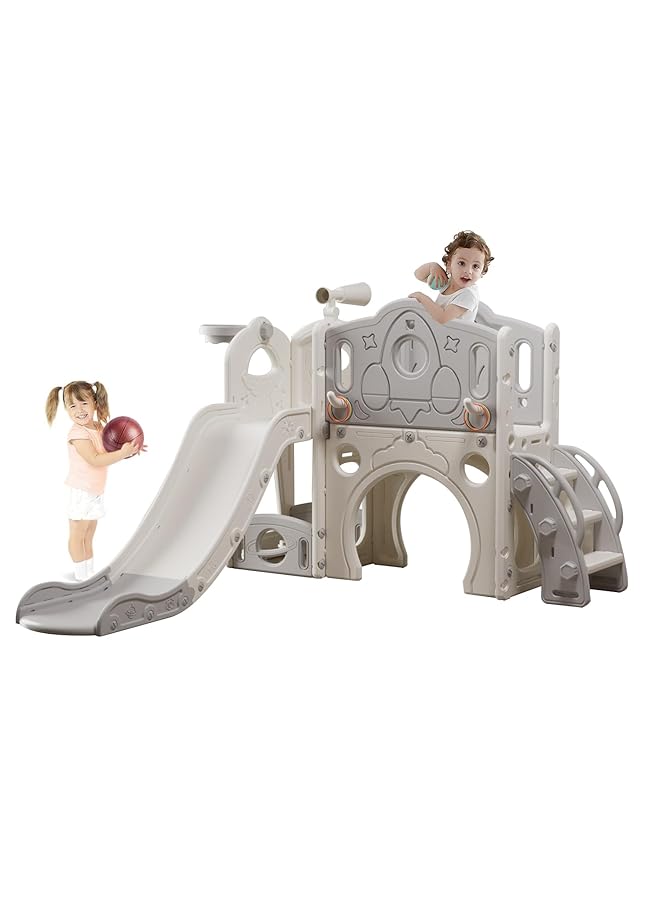 JANTENS 8 In 1 Toddler Slide Set Indoor Outdoor Slide Set With Ring Toss Basketball Hoop Tunnel And Telescope Toys Storages Kids Climber Playset Toddler Playground - Image 1