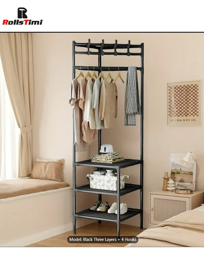 RollsTimi  Corner Coat Stand Metal Clothes Hanging Rail Rack Shoe Rack Hanger with 3 Shelf,Black - Image 1