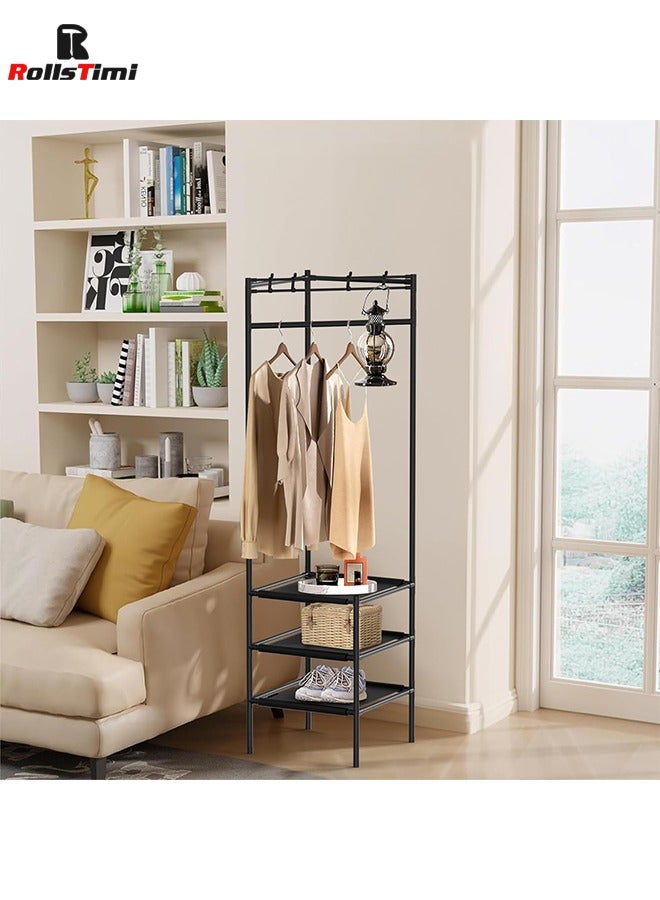 RollsTimi  Corner Coat Stand Metal Clothes Hanging Rail Rack Shoe Rack Hanger with 3 Shelf,Black - Image 2