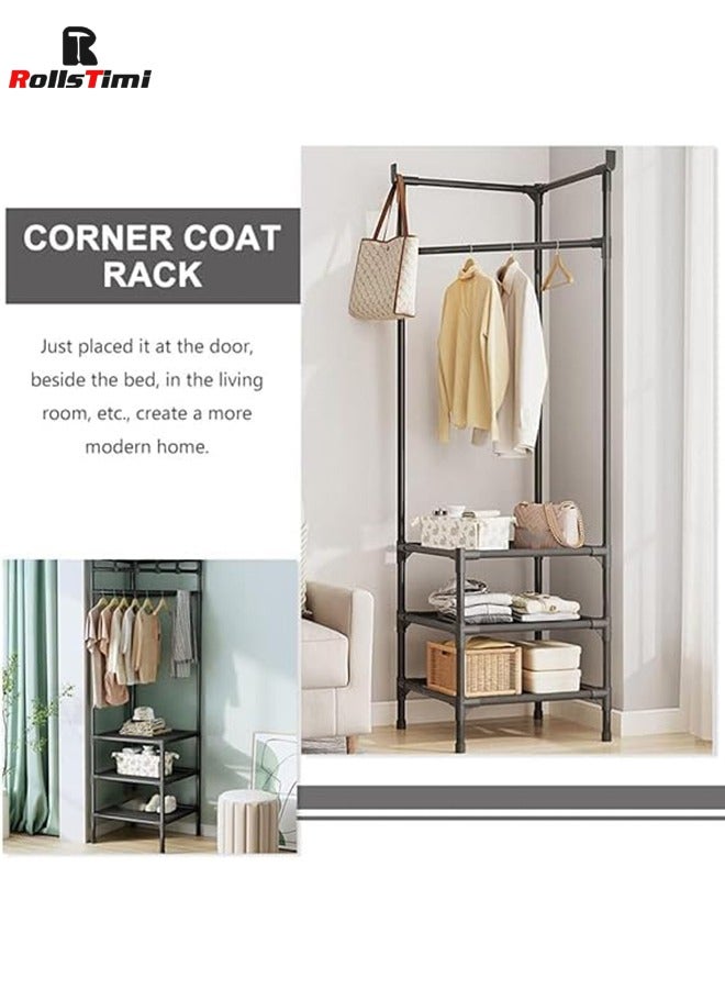RollsTimi  Corner Coat Stand Metal Clothes Hanging Rail Rack Shoe Rack Hanger with 3 Shelf,Black - Image 3