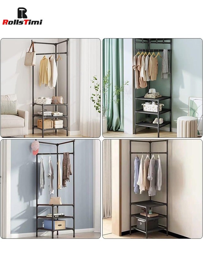 RollsTimi  Corner Coat Stand Metal Clothes Hanging Rail Rack Shoe Rack Hanger with 3 Shelf,Black - Image 5