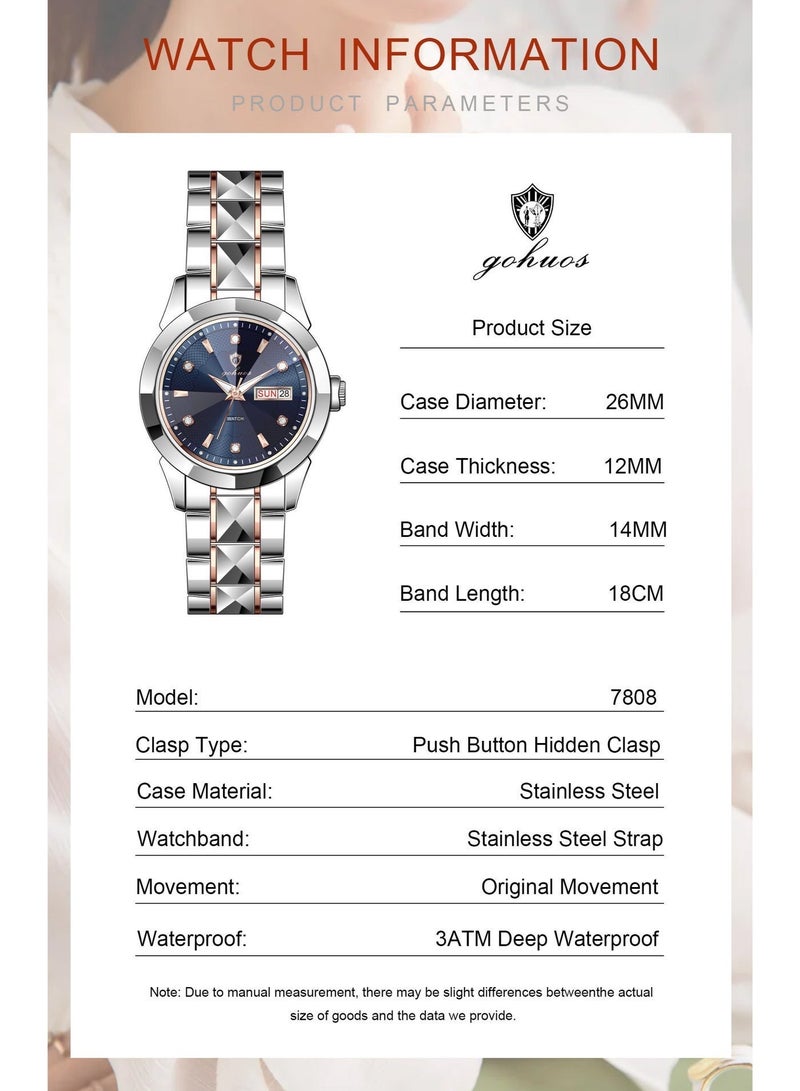 GOHUOS Women's watch, Stainless Steel Analog Waterproof Luminous Quartz Classic Luxury Round Business Fashion Wrist Watch - 26mm - Image 4
