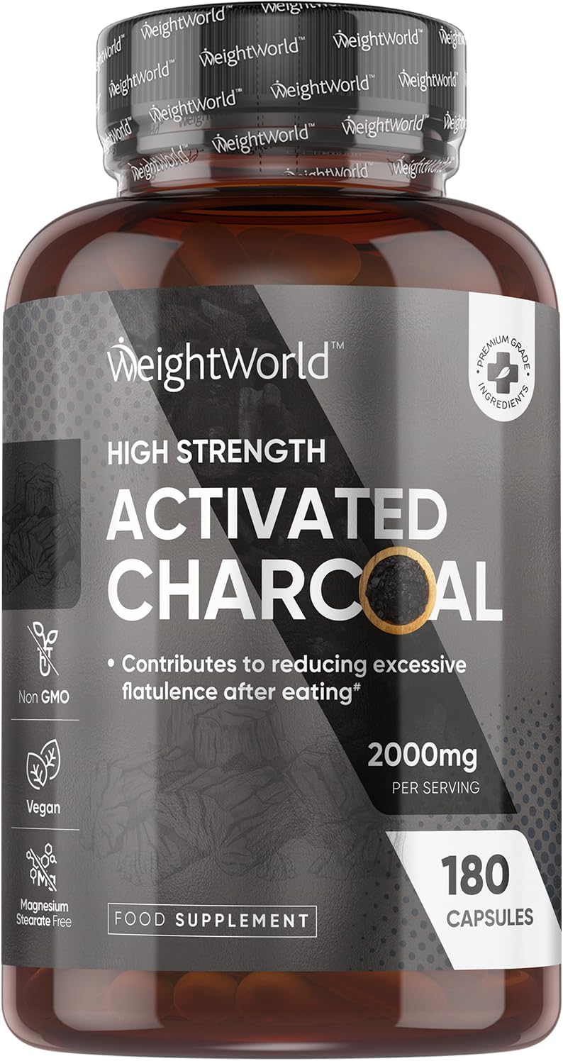 WeightWorld كبسولات الفحم النشط 2000 ملغ 180 كبسولة نباتية مكمل الفحم النشط المستخرج من لحاء الأوكالبتوس والأكاسيا خالي من الكائنات المعدلة وراثيًا وخالي من ستيرات المغنيسيوم - Image 1