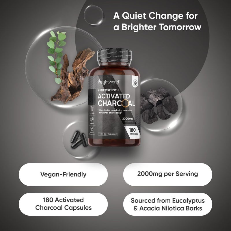 WeightWorld كبسولات الفحم النشط 2000 ملغ 180 كبسولة نباتية مكمل الفحم النشط المستخرج من لحاء الأوكالبتوس والأكاسيا خالي من الكائنات المعدلة وراثيًا وخالي من ستيرات المغنيسيوم - Image 2