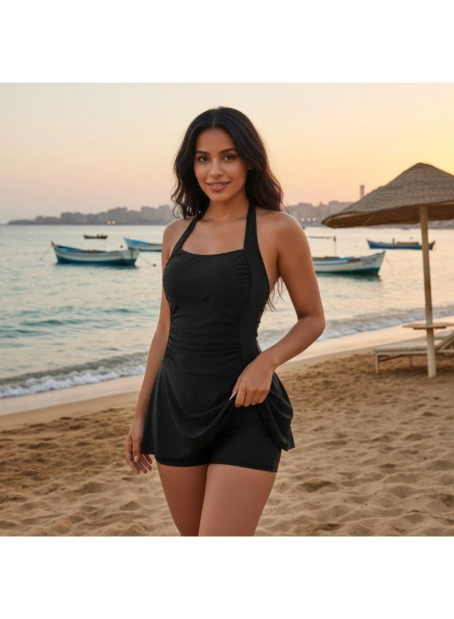 مايوه نسائي شامل الشورت، لون أسود، بتصميم هالتر نيك مع تنورة، للشاطئ والسباحة - Image 2