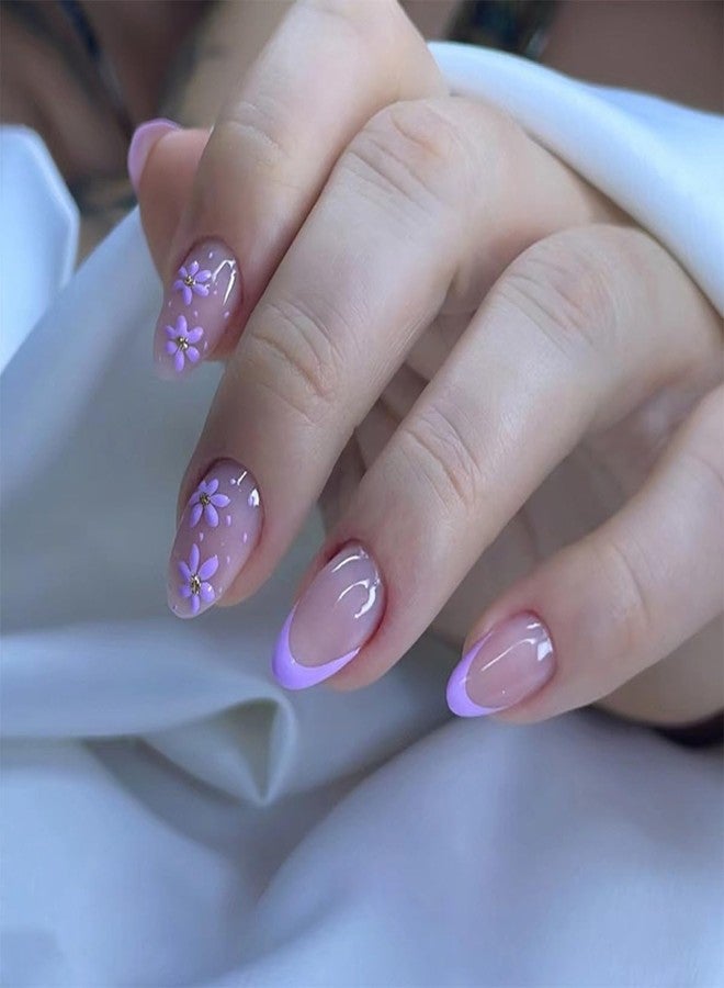 HJKDSFD 30Pcs Short Almond Press On Nails - Purple Flower French Tip Acrylic Glossy False Nails With Floral Design - Reusable Glue On Full Cover Stick On DIY Nails for Women Girls - Image 1