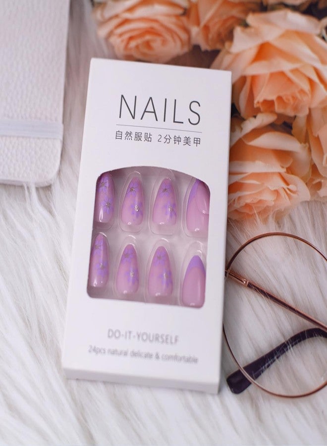 HJKDSFD 30Pcs Short Almond Press On Nails - Purple Flower French Tip Acrylic Glossy False Nails With Floral Design - Reusable Glue On Full Cover Stick On DIY Nails for Women Girls - Image 5