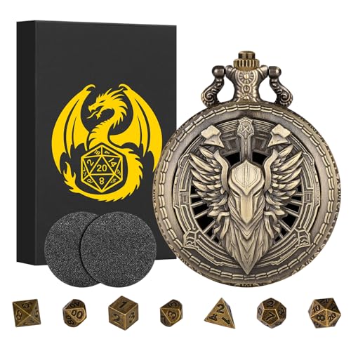 Keller & Weber Mini DND Dice Set Steampunk Hollow Paladin Knight Warrior Pocket Watch Shell Case 7pcs Polyhedral Metal DD Dice Set DND Gifts with Gift Box Role Playing Board Games Accessories - Image 1