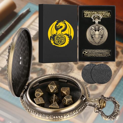 Keller & Weber Mini DND Dice Set Steampunk Hollow Paladin Knight Warrior Pocket Watch Shell Case 7pcs Polyhedral Metal DD Dice Set DND Gifts with Gift Box Role Playing Board Games Accessories - Image 5